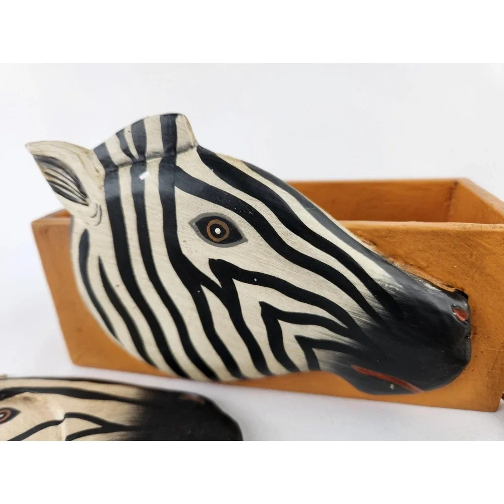 Zebra Head Wood Coasters Set Holder Lily M Wilson Hand Painted Safari MCM‎ VTG